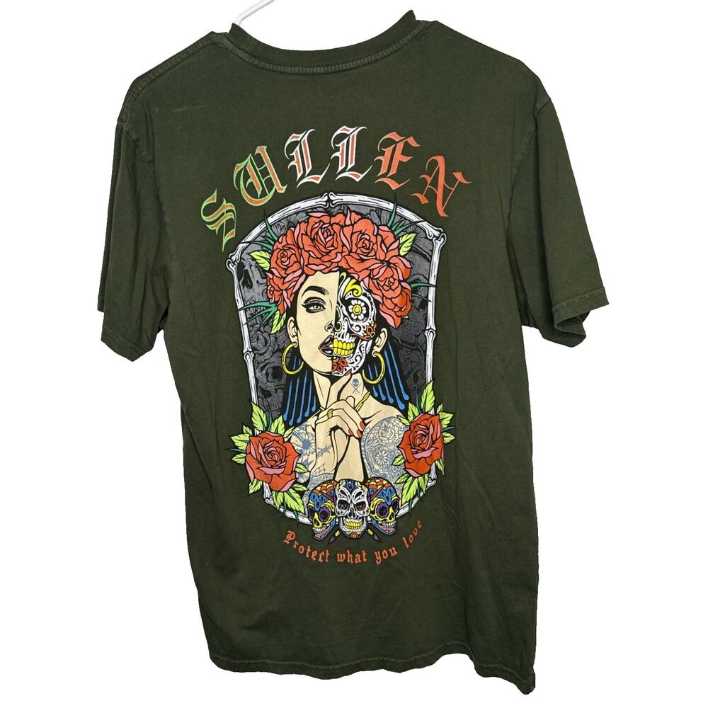 Sullen Art Collective T Shirt Mens Medium M Green Skull Roses Graphic Tattoo Tee